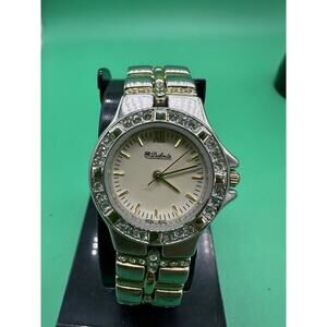 Vintage Dufonte Lucien Piccard Watch Women Gold/Silver Tone W/Rhinestone Bezel